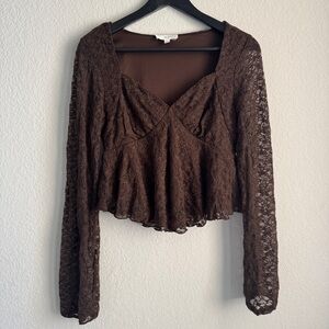 La Peche Brown Lace Peplum Long-Sleeves Top. Size L